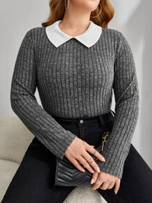 SHEIN Essnce Plus Contrast Collar Ribbed Knit Bodysuit