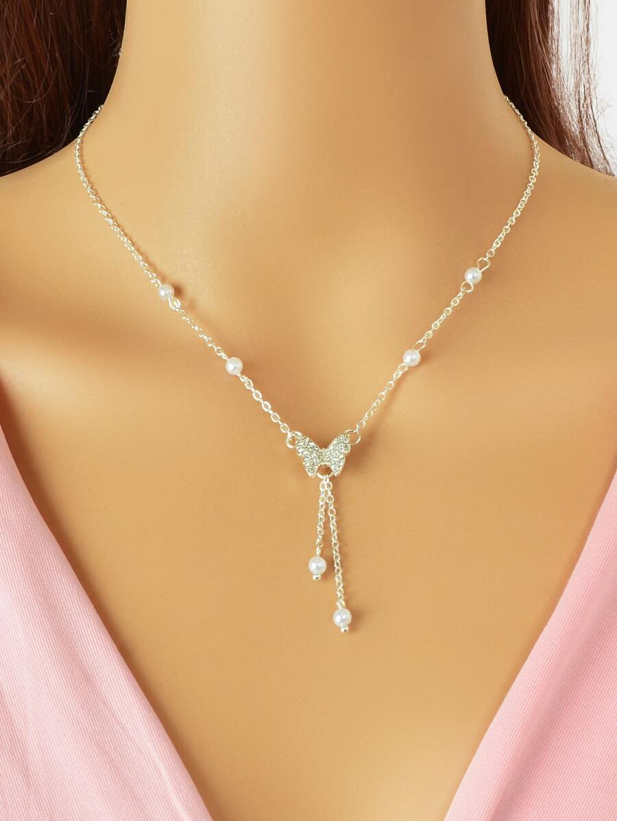 人造珍珠裝飾水鑽蝴蝶墜飾Y字項鍊 - 銀色 - 查看 1