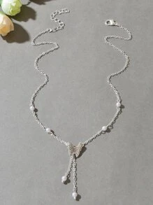 人造珍珠裝飾水鑽蝴蝶墜飾Y字項鍊 - 銀色 - 查看 2