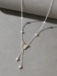 人造珍珠裝飾水鑽蝴蝶墜飾Y字項鍊 - 銀色 - 查看 3