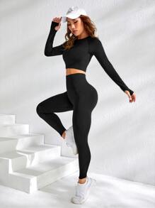 Yoga Basic 2pcs Seamless Fitness Yoga Suit Gym Outfits Set Raglan Sleeve Tummy Control Top Tummy Control Tights - Black - View 3