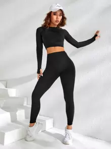 Yoga Basic 2pcs Seamless Fitness Yoga Suit Gym Outfits Set Raglan Sleeve Tummy Control Top Tummy Control Tights - Black - View 5