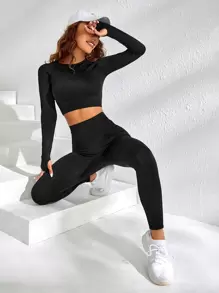 Yoga Basic 2pcs Seamless Fitness Yoga Suit Gym Outfits Set Raglan Sleeve Tummy Control Top Tummy Control Tights - Black - View 6