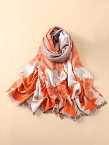Elk & Tree Pattern Raw Trim Scarf - Orange - View 2