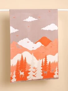Elk & Tree Pattern Raw Trim Scarf - Orange - View 4