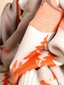 Elk & Tree Pattern Raw Trim Scarf - Orange - View 5