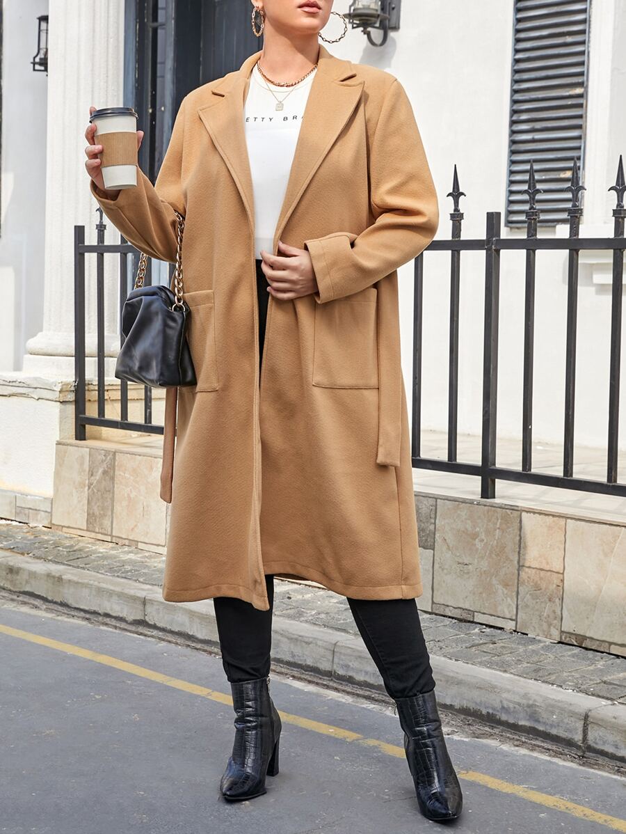 SHEIN Essnce Plus Lapel Neck Dual Pocket Belted Overcoat - Khaki - View 1