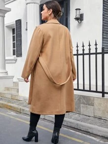 SHEIN Essnce Plus Lapel Neck Dual Pocket Belted Overcoat - Khaki - View 2