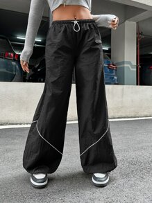 Muchica Gorpcore Pantalones parachute de cintura con cordón ribete en contraste - Negro - Ver 6