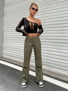 SHEIN ICON 2pcs One Shoulder Cut Out Crop Tee & Arm Sleeve - Black - View 3