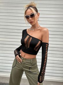 SHEIN ICON 2pcs One Shoulder Cut Out Crop Tee & Arm Sleeve - Black - View 1