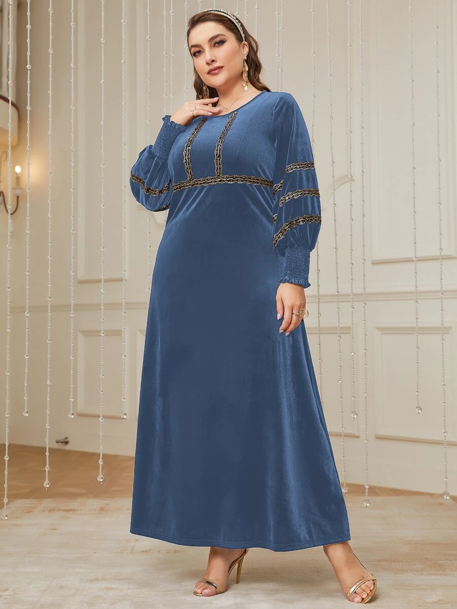 Al Najma Plus Lantern Sleeve Contrast Sequin Flannelette Dress - Dusty Blue - View 1