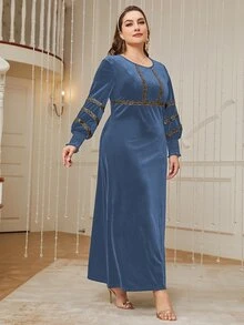 Al Najma Plus Lantern Sleeve Contrast Sequin Flannelette Dress - Dusty Blue - View 3