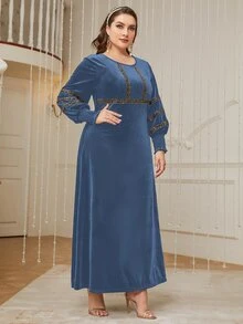 Al Najma Plus Lantern Sleeve Contrast Sequin Flannelette Dress - Dusty Blue - View 4