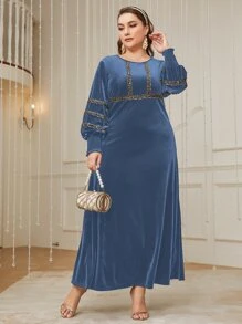 Al Najma Plus Lantern Sleeve Contrast Sequin Flannelette Dress - Dusty Blue - View 5