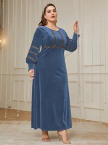 Al Najma Plus Lantern Sleeve Contrast Sequin Flannelette Dress - Dusty Blue - View 6