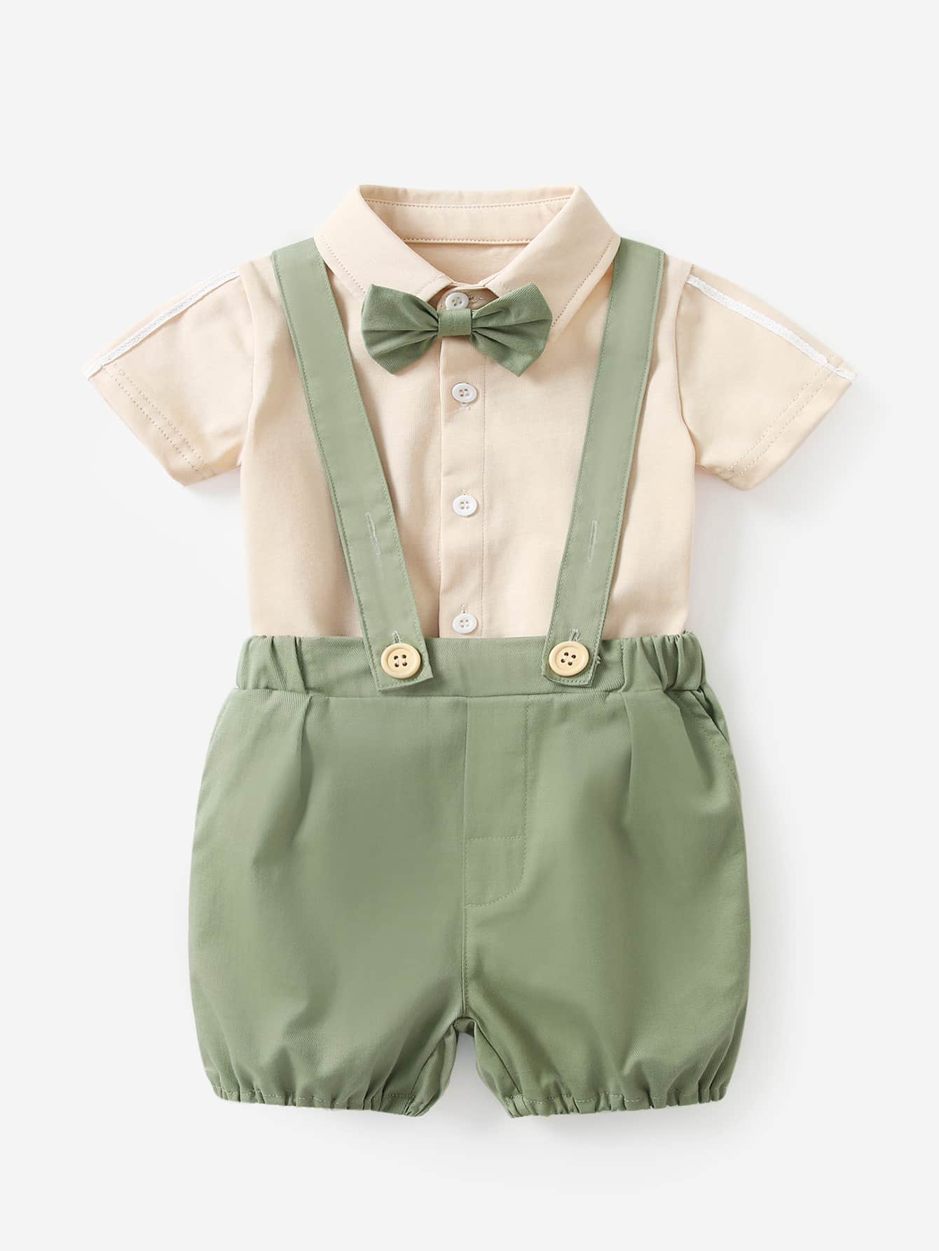 夏季韓版男嬰紳士風 2入組幼兒短袖襯衫和連體服套裝