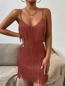 SHEIN Belle Fringe Trim Cami Dress - Redwood - View 1