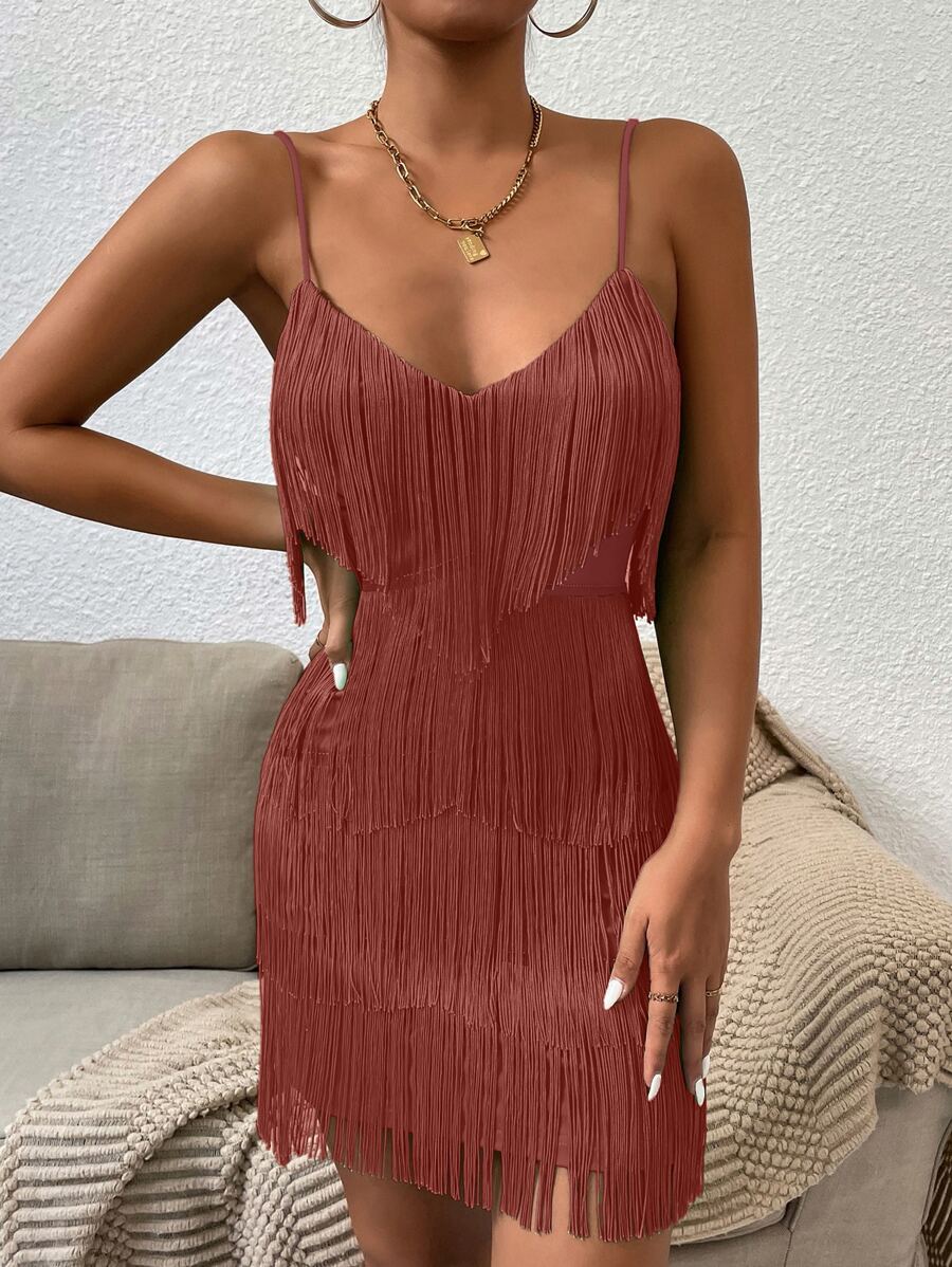 SHEIN Belle Fringe Trim Cami Dress - Redwood - View 1