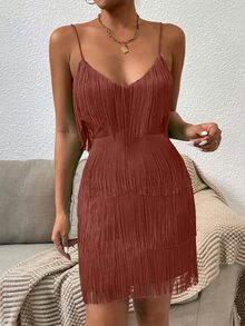SHEIN Belle Fringe Trim Cami Dress - Redwood - View 4