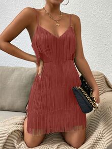 SHEIN Belle Fringe Trim Cami Dress - Redwood - View 6