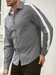 Manfinity Men Striped Print Contrast Side Seam Shirt - Black and White - View 6