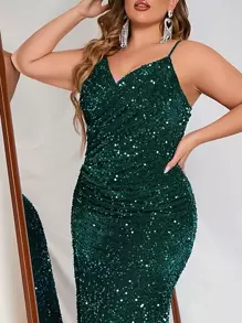 Đầm Plus Size Xù Dây kéo Tách cao màu trơn Buổi tiệc - Màu xanh lá cây đậm - Xem 6