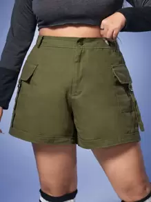 ROMWE Grunge Punk Plus Flap Pocket Side Cargo Shorts - Army Green - View 1