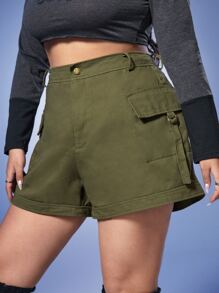 ROMWE Grunge Punk Plus Flap Pocket Side Cargo Shorts - Army Green - View 3