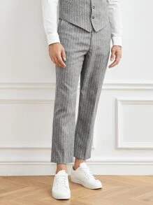 Manfinity Bizwear Men Suit Pants Nút Túi Dây kéo Sọc - Xám - Xem 6