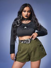 ROMWE Grunge Punk Plus Flap Pocket Side Cargo Shorts - Army Green - View 5