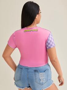 SCOOBY-DOO X SHEIN Plus Figure & Checker Print Colorblock Top-stitching Crop Tee - Multicolor - View 3