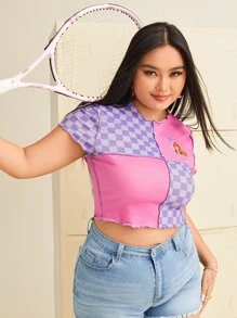 SCOOBY-DOO X SHEIN Plus Figure & Checker Print Colorblock Top-stitching Crop Tee - Multicolor - View 6
