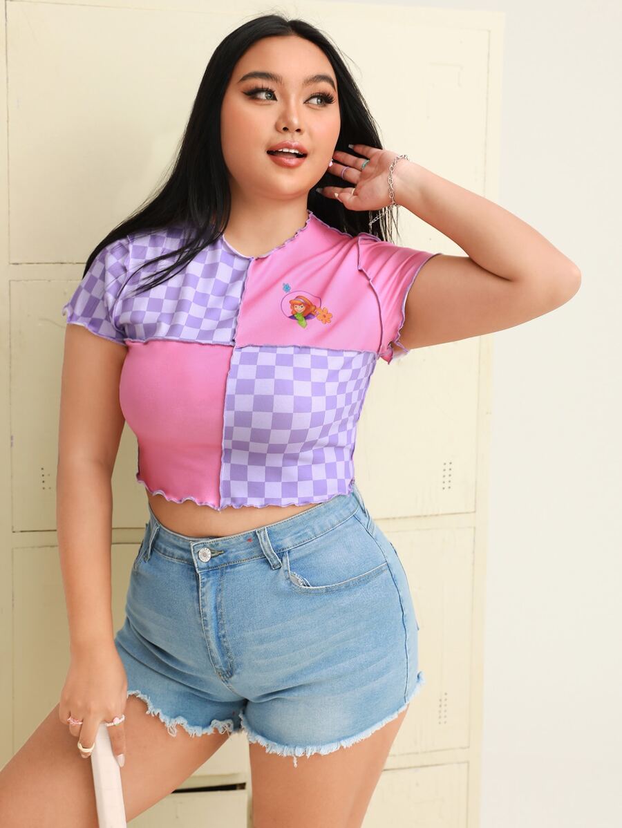 SCOOBY-DOO X SHEIN Plus Figure & Checker Print Colorblock Top-stitching Crop Tee - Multicolor - View 1