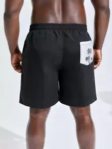Manfinity Hombres Shorts de natación con estampado de árbol de coco de cintura con cordón - Negro - Ver 1