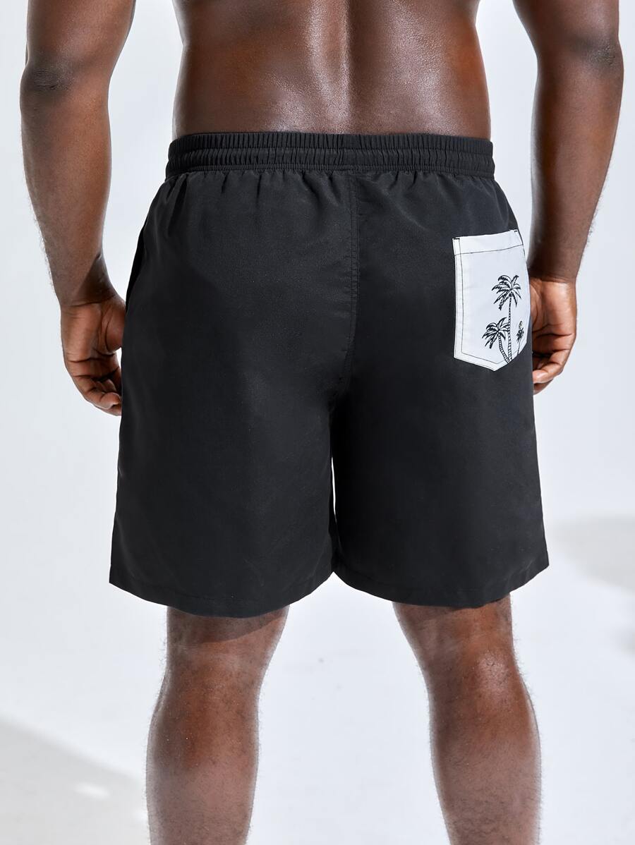 Manfinity Hombres Shorts de natación con estampado de árbol de coco de cintura con cordón - Negro - Ver 1