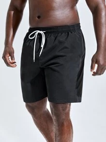 Manfinity Hombres Shorts de natación con estampado de árbol de coco de cintura con cordón - Negro - Ver 3