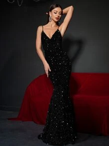 Backless Mermaid Hem Sequin Prom Dress Black Elegant Formal Evening Wedding Guest Gown, For Graduation, Dinner Party Dress - Black - View 4