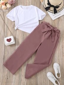 Tween Girl Solid Tee & Belted Pants - Multicolor - View 1