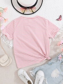 SHEIN 青少女條紋印花短袖T恤（不含短褲） - 粉色 - 查看 2