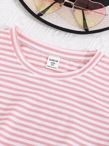 SHEIN 青少女條紋印花短袖T恤（不含短褲） - 粉色 - 查看 4