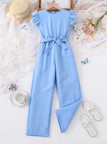 Tween Girl Ruffle Trim Jumpsuit - Baby Blue - View 1