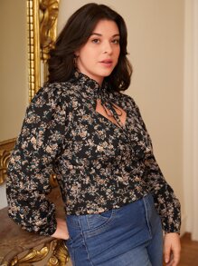 SHEIN Frenchy Plus Floral Print Tie Neck Cut Out Front Blouse - Multicolor - View 5