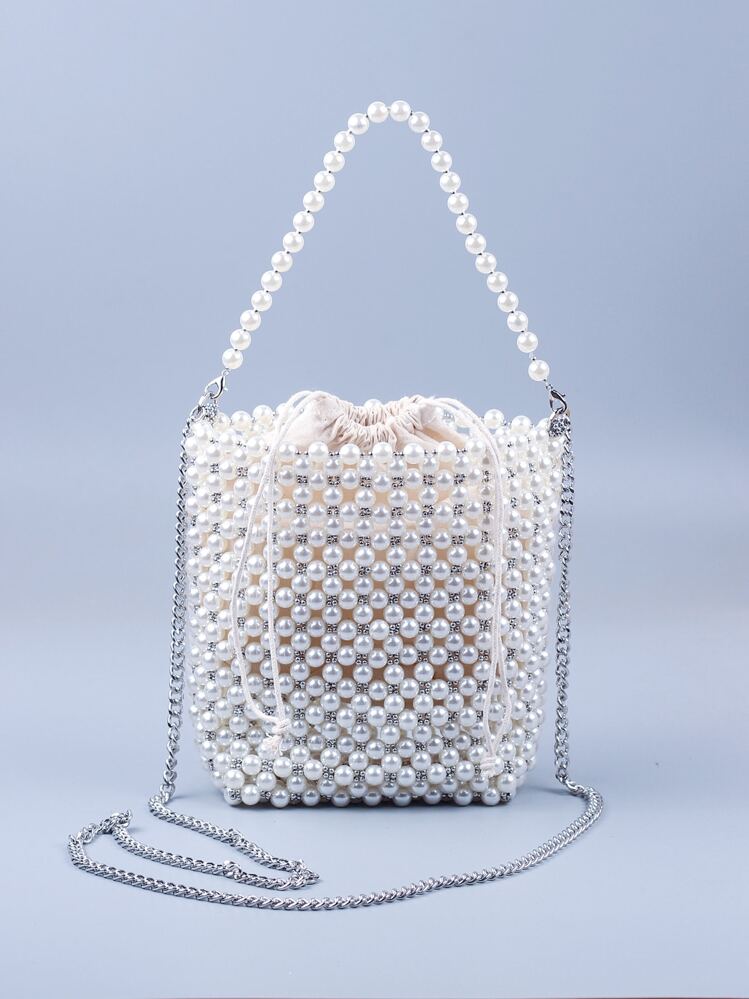 Bolsa cuadrada mini con cuenta con perla artificial con cadena - Beis - Ver 1