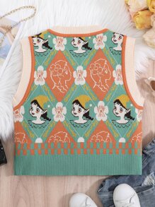 女孩人像和花卉圖案毛衣背心 - 綠色 - 查看 2
