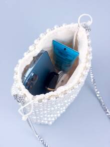 Bolsa cuadrada mini con cuenta con perla artificial con cadena - Beis - Ver 3