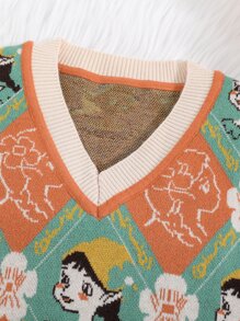 女孩人像和花卉圖案毛衣背心 - 綠色 - 查看 3