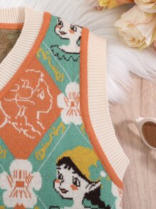 女孩人像和花卉圖案毛衣背心 - 綠色 - 查看 4