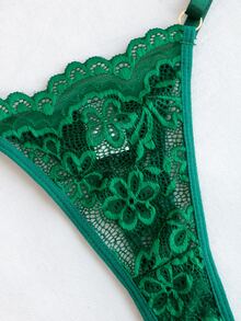 花卉蕾絲貝殼邊內衣套裝 - 墨綠色 - 查看 4