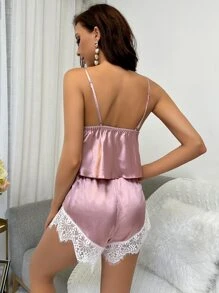 Lace Trim Satin Cami Top & Shorts Night Set - Dusty Pink - View 2